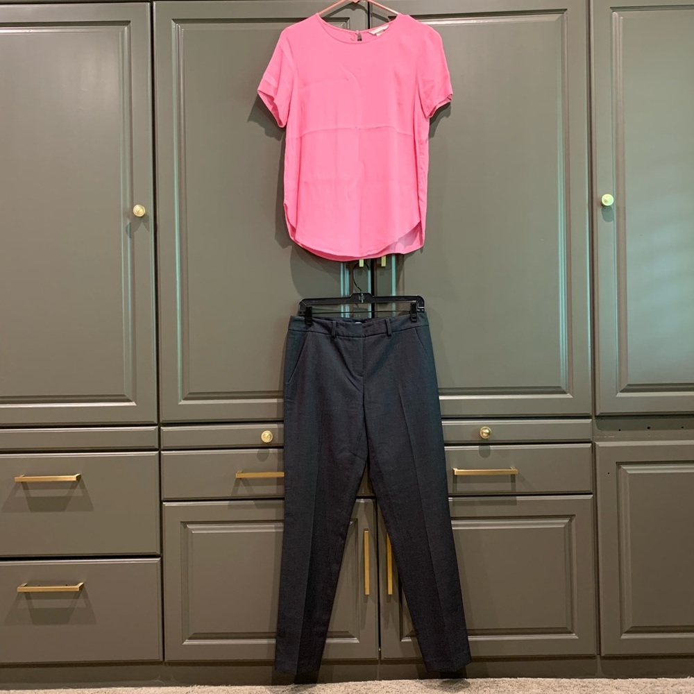 Tahari charcoal grey slacks, sz 6 & H&M blouse.